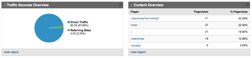 Traffic sources and top pages in Google Analytics.